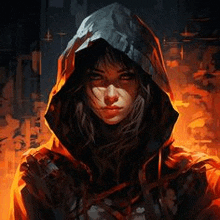 a woman wearing a hooded jacket is standing in front of a fire .