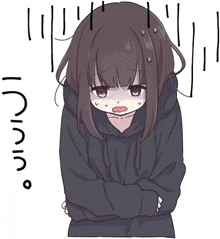 a girl in a black hoodie is standing with her arms crossed and making a sad face .