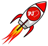 a red and white rocket with the letter pj in the middle