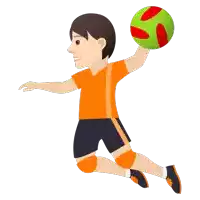 a man in an orange shirt and black shorts is holding a green ball