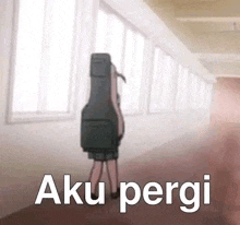 a girl with a guitar case on her back is standing in a hallway with the words aku pergi .