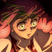 a close up of a anime character with pink hair