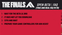 a poster for the finals open beta and faq