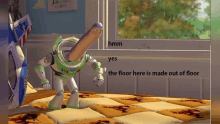 buzz lightyear from the movie toy story is standing on a bed