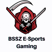 a logo for bssz e-sports gaming with a grim reaper holding two swords