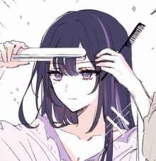 a girl with purple hair is brushing her hair