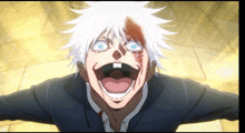 a cartoon character with white hair and blood on his face is smiling