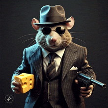 a mouse wearing a suit and tie holding a gun and a piece of cheese