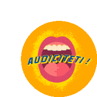 a yellow circle with a mouth open and the words audicite71 on it