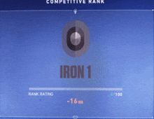 a computer screen shows a competitive rank for iron 1