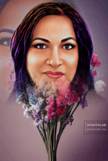 a painting of a woman with purple hair holding a bouquet of pink and white flowers