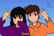 a drawing of a boy and a girl with the words good days in yellow