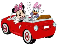 minnie mouse and daisy duck driving a red car