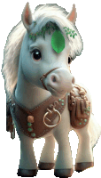 a white horse with a brown bridle and a green leaf on its head