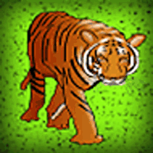 a cartoon drawing of a tiger standing on a green background .