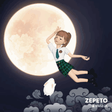 a girl in a plaid skirt is flying in the air with a rabbit in front of the moon