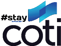 a logo that says #stay coti with a blue arrow on it