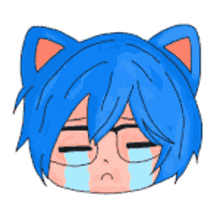 a drawing of a boy with blue hair and cat ears is crying