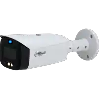 a white and black dahua security camera with a blue light on it