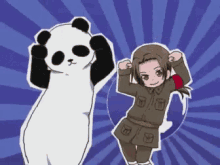 a panda bear is standing next to a little girl in a military uniform