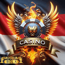 a logo for a casino with flames and wings on it