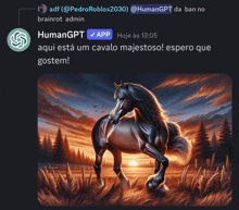 a painting of a horse with a sunset in the background is displayed on a black background