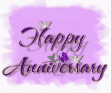 a purple background with the words " happy anniversary " and a purple rose