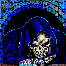 a pixel art of a skeleton wearing a hood