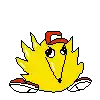 a pixel art drawing of a yellow hedgehog wearing a red hat and gloves .