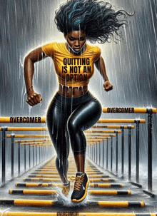 a woman in a yellow shirt that says quitting is not an option is running in the rain