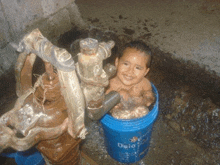 a child is taking a bath in a blue bucket that says delq on it