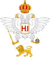 a coat of arms with two eagles and a lion and the letters hi