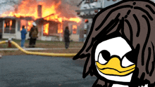 a drawing of a duck in front of a house on fire