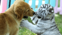 a dog and a tiger puppy are playing together