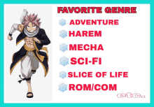 a poster that says favorite genre adventure harem mecha sci fi slice of life rom / com etc.