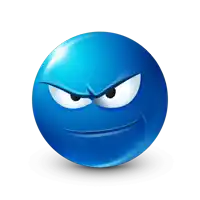 a blue smiley face with an angry expression