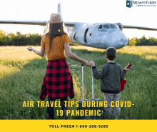 a woman and child are standing in a field looking at an airplane with the words air travel tips during covid-19 pandemic