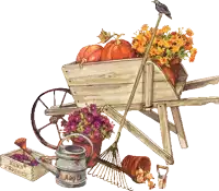 a wheelbarrow filled with pumpkins flowers and a watering can that says a30 on it