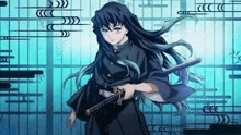 a girl with long black hair is holding a sword in front of a building .