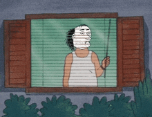 a cartoon of a man looking out of a window holding a stick .