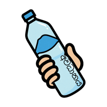 a cartoon drawing of a hand holding a bottle of water in a foreign language