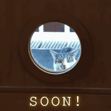 a cat is looking out of a round window with the word soon below it