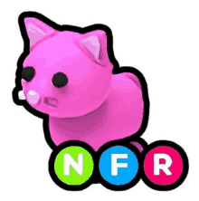 a pink cat is sitting in a circle with nfr written on it .