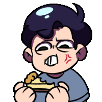 a cartoon of a boy holding a piece of pie with an angry face