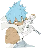 a man with blue hair is holding a sword in his hand