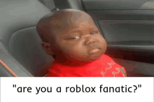 a baby sitting in a car with the words " are you a roblox fanatic "