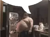 a fat man is standing in front of a refrigerator