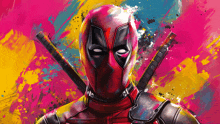 a colorful painting of deadpool with two swords hanging from his neck