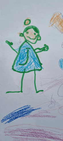 a child 's drawing of a girl in a blue dress with a green circle on her head