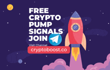 a rocket is flying through space with the words free crypto pump signals join below it